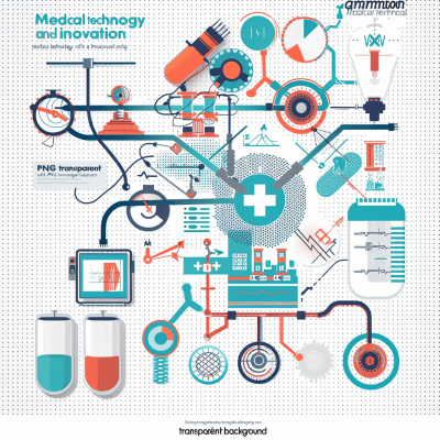 medical technology and innovation " vector illustration with infographics, white background, medical equipment in flat design style with clean lines and sharp edges, in the color palette of blue red orange and teal, transparent png, with elements such as health care icons and laboratory test tubes, by [Tom Eckersley](https://goo.gl/search?artist%20Tom%20Eckersley)