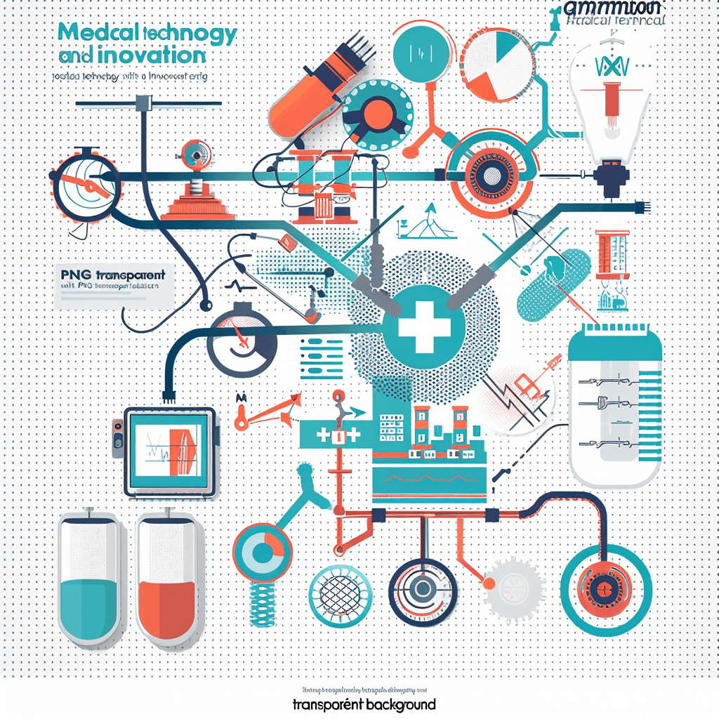 medical technology and innovation ” vector illustration with infographics, white background, medical equipment in flat design style with clean lines and sharp edges, in the color palette of blue red orange and teal, transparent png, with elements such as health care icons and laboratory test tubes, by [Tom Eckersley](https://goo.gl/search?artist%20Tom%20Eckersley)