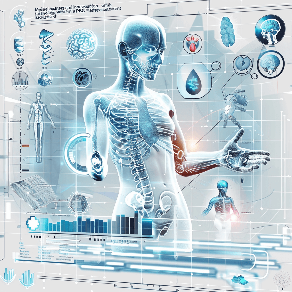 medical technology and innovation with transparent human anatomy in the background, PNG vector graphic design for digital art.” “human skeleton structure”, data visualization charts, light blue tone color, futuristic style, full body of female robot made by AI, detailed, high resolution, hyper realistic details, high detail, high definition, high quality