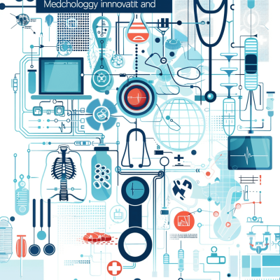 Design an illustration of various medical tools and symbols, representing the field's innovation in medicine technology. The background should be white with blue accents to highlight key elements like stethoscope patterns, digital screens, medical icons, and health data visualizations. This design symbolizes technological innovation in the style of Elizabethan vector art, using flat colors.