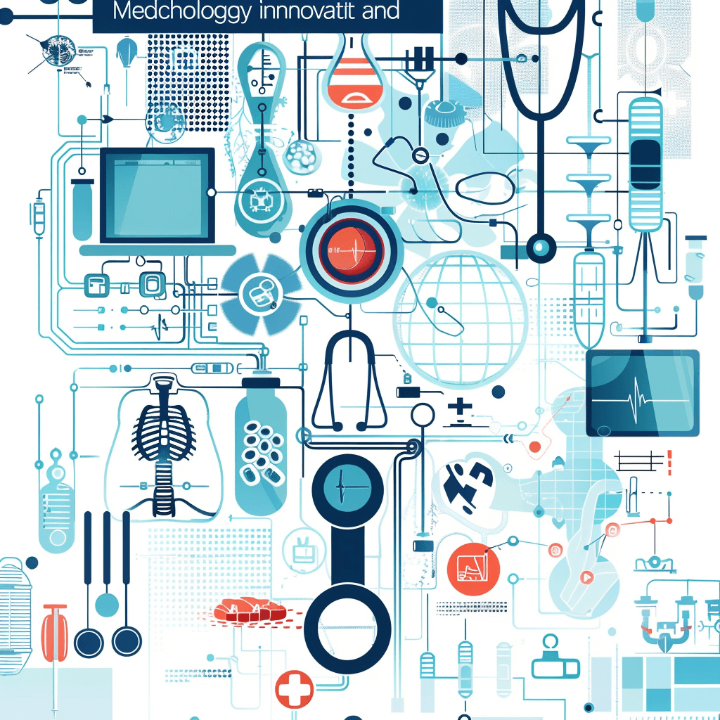 Design an illustration of various medical tools and symbols, representing the field’s innovation in medicine technology. The background should be white with blue accents to highlight key elements like stethoscope patterns, digital screens, medical icons, and health data visualizations. This design symbolizes technological innovation in the style of Elizabethan vector art, using flat colors.