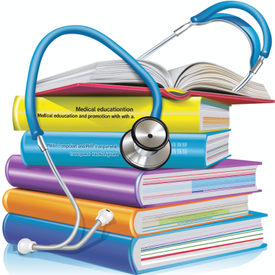 medical education and promotion with books, vector graphic of colorful stethoscope on top stack colorfull book , white background" realistic detailed vector art, clipart isolated