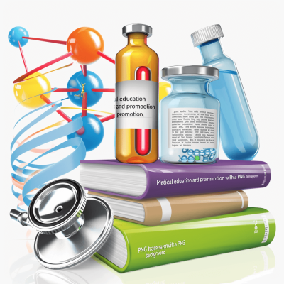 medical education and promotion with P Omaha", vector, white background, books, stethoscope, vial of liquid and colorful" " , realistic, clip art for sticker, high quality, high resolution, transparent png in the backgrounnd