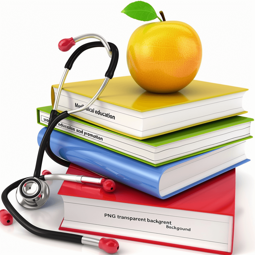 Focus on medical education and promoting healthy lifestyles. With books, an apple, a stethoscope, on a white background, in the style of a transparent png illustration, vector design. 3d rendering, high resolution, highly detailed, quality, white background.