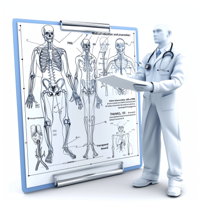 Create an illustration of medical and human anatomy in clear, detailed illustrations on the whiteboard background." "The doctor is holding his notebook while standing next to it with skeleton images drawn onto its surface. The color scheme includes blue as well as other colors such as black for contrasting effects. White isolated background.