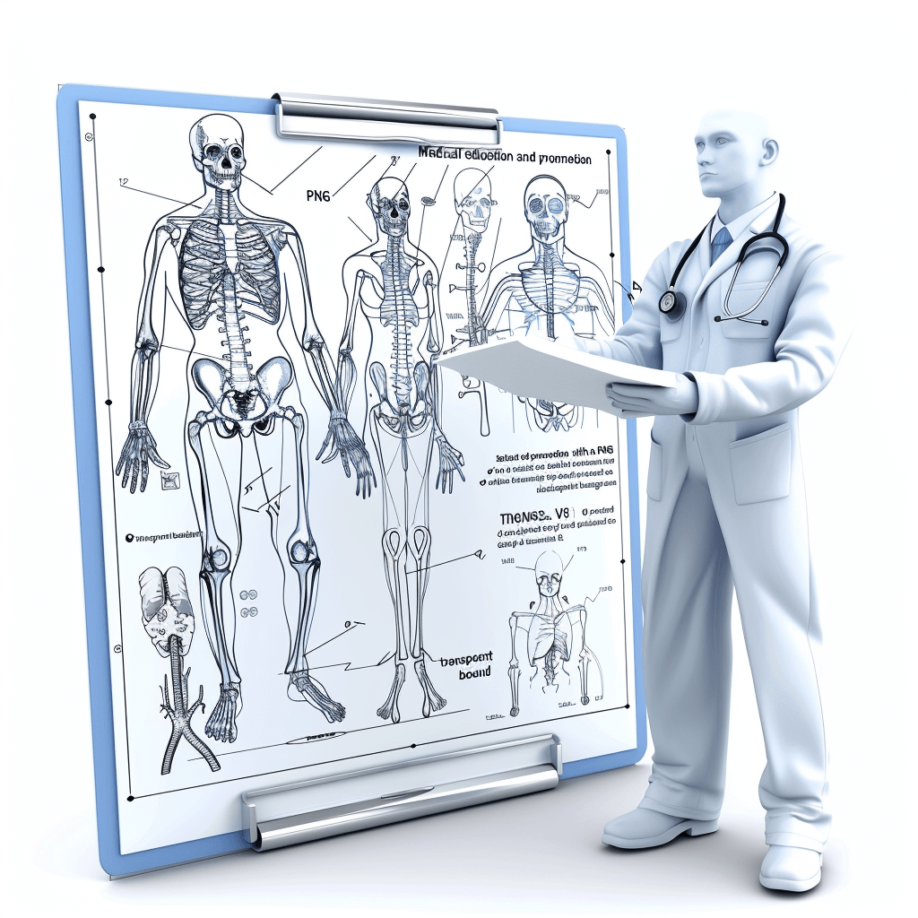 Create an illustration of medical and human anatomy in clear, detailed illustrations on the whiteboard background.” “The doctor is holding his notebook while standing next to it with skeleton images drawn onto its surface. The color scheme includes blue as well as other colors such as black for contrasting effects. White isolated background.