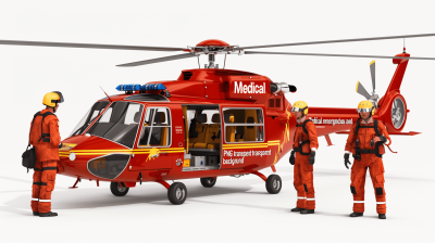 3D model of a red helicopter with its door open and a team dressed in orange air medic uniforms standing next to it, white background, "Sup Gros medical transport", no text on the side or roof.