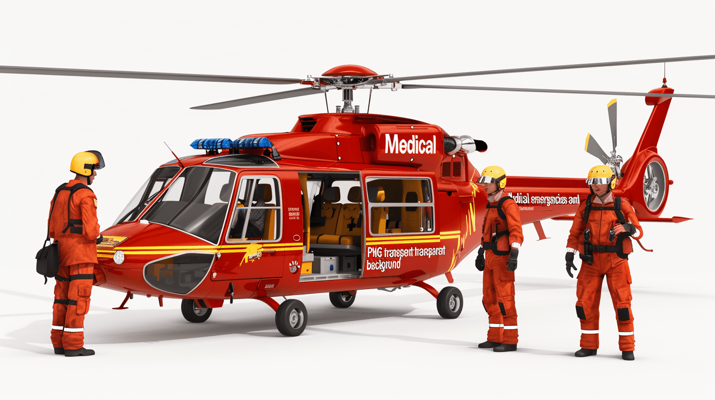 3D model of a red helicopter with its door open and a team dressed in orange air medic uniforms standing next to it, white background, “Sup Gros medical transport”, no text on the side or roof.