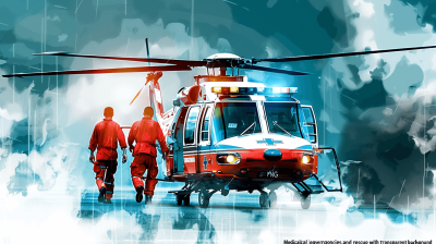 Medical emergency and rescue with helicopter background concept art for an illustration, high resolution vector of the paramedics in red uniform walking next to one medical combat vehicle helicopter, white color palette, sky blue, turquoise, gray blue, white background, digital painting, high detail, high quality, high contrast, in the style of a professional artist.