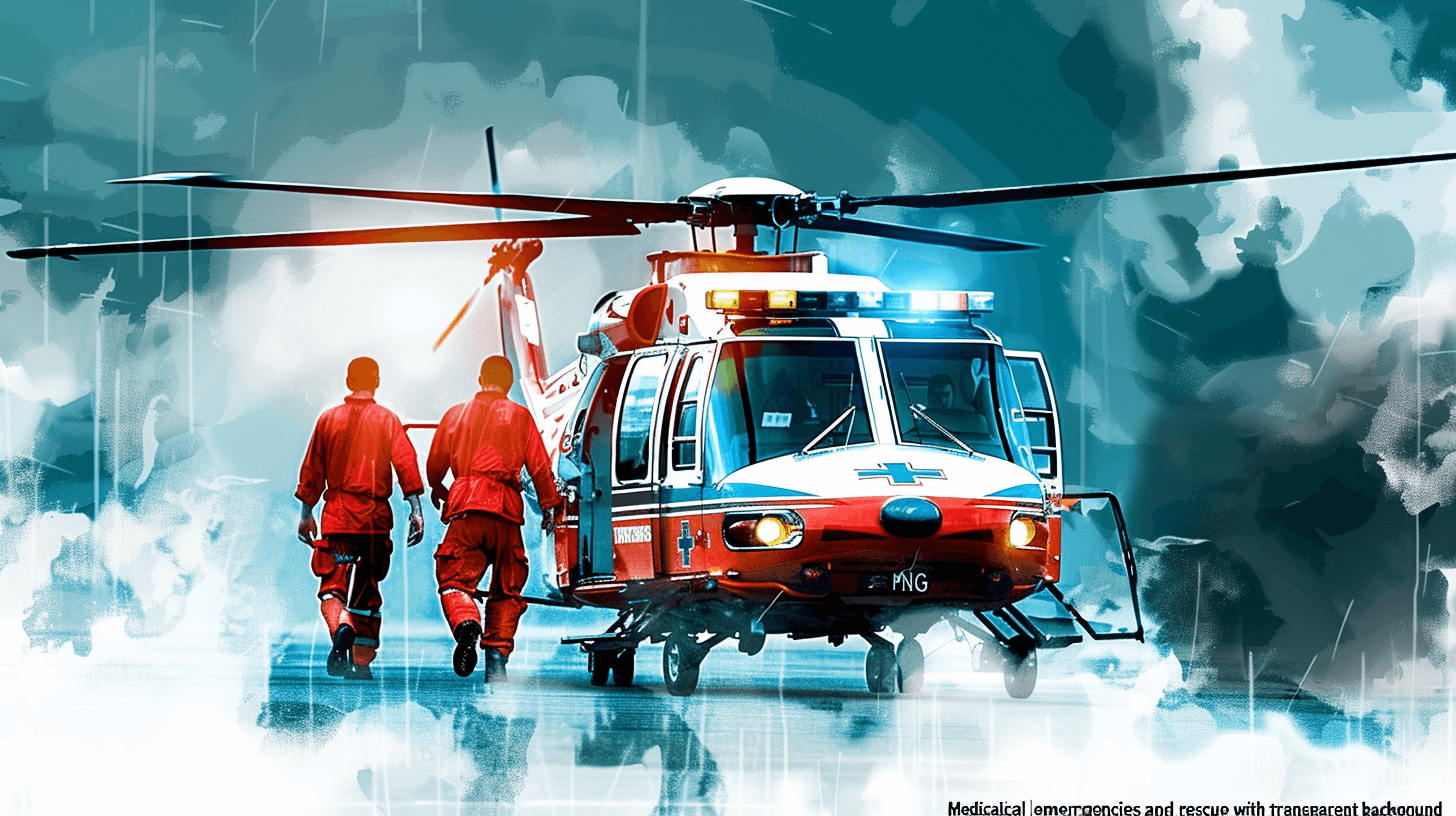 Medical emergency and rescue with helicopter background concept art for an illustration, high resolution vector of the paramedics in red uniform walking next to one medical combat vehicle helicopter, white color palette, sky blue, turquoise, gray blue, white background, digital painting, high detail, high quality, high contrast, in the style of a professional artist.