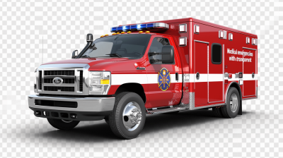 Red ambulance car with lights on transparent background cutout PNG file, "Medical emergency management" written in white letters on the side of vehicle, professional photography