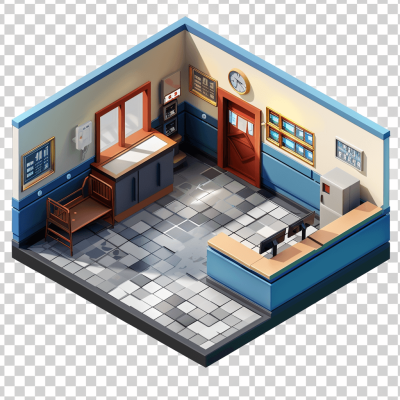 3d isometric police station reception, rpg maker, transparent background