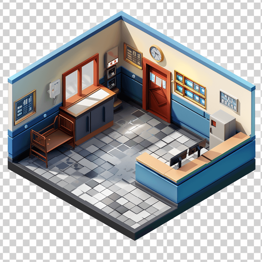 3d isometric police station reception, rpg maker, transparent background