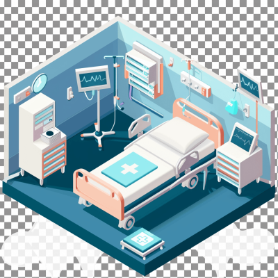 Cistant isometric view of hospital room with bed, medical equipment and cabinets vector illustration on transparent background cutout