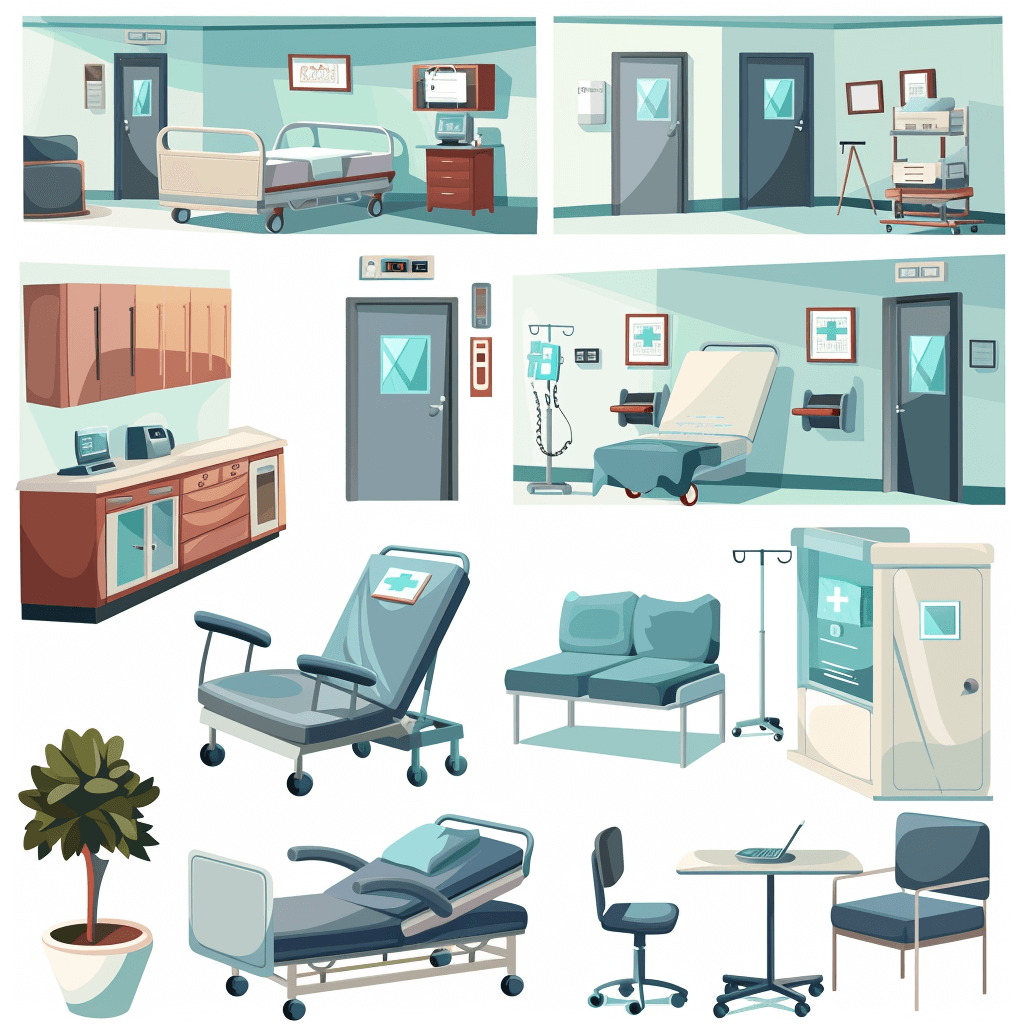 hospital interior design, different rooms and furniture vector set with bed chair tables door and medical equipment for treatment illustration in the style of cartoon style isolated on white background, detailed concept art, high resolution photography, soft color lighting, strong facial expressions, rich details in the room