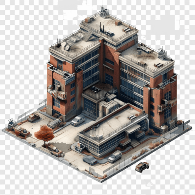 isometric game building, postapocalyptic hospital exterior, no background, transparent png