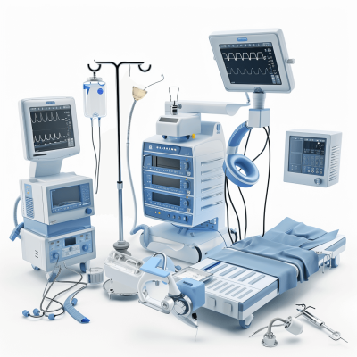 A realistic photo of medical equipment, including life support machines and monitors, arranged on a white background. The equipment is in various positions at different angles, showcasing its design and features. This composition creates an atmosphere of hospitality.