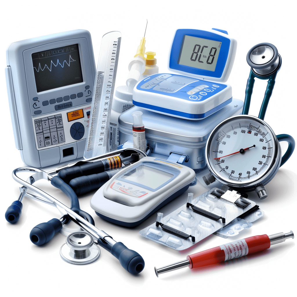 image of various medical equipment and tools, including an ECG machine, stethoscope, digital meters, syringes, bottles with pills, white background, professional photography, high resolution, intricate details in the style of various artists.