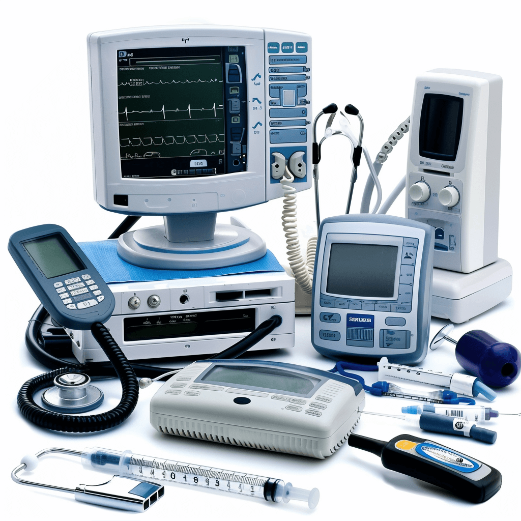 An ultrarealistic photograph of various medical equipment including monitors, stethoscopes and digital readout displays on a white background. The focus should be sharp with the items arranged in a way that highlights their features and materials used. Ensure there are no texts or letters on any object to keep it simple yet detailed.