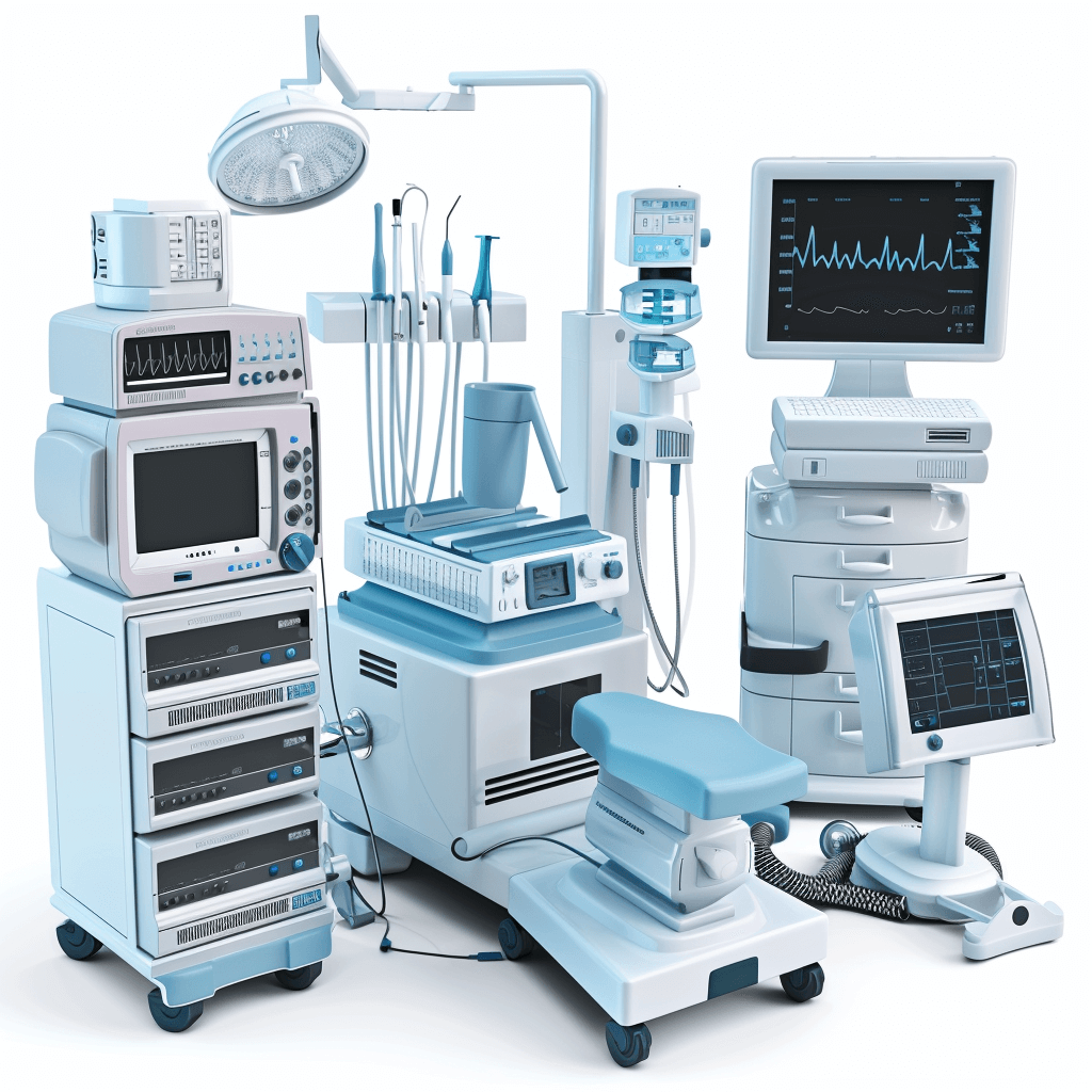 Several medical equipment with a white background and blue color scheme. 3D renderings in a high resolution photography style with professional quality.