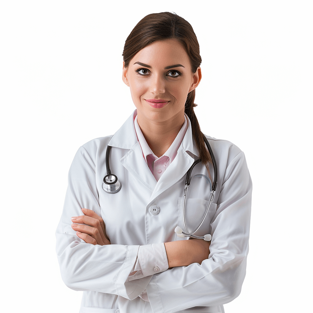 A young female doctor stands with her arms crossed and smiles, wearing white professional on an isolated background, realistic photo, stock photography, high resolution, sharp focus, highly detailed, high quality, high definition, hyper details