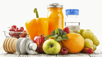 A photo featuring healthy food and sports equipment on a white background, with an orange juice bottle, an apple fruit bowl, green leafy vegetables in a glass jar, red berries or fruits like cherry or raspberry, a blue water droplet container for sports drink with a silver dumbbell beside it, a wooden table surface, and soft light from the side. The composition centers around objects to create space for text or copy in the style of a Valentine's Day concept. Isolated on a white background.