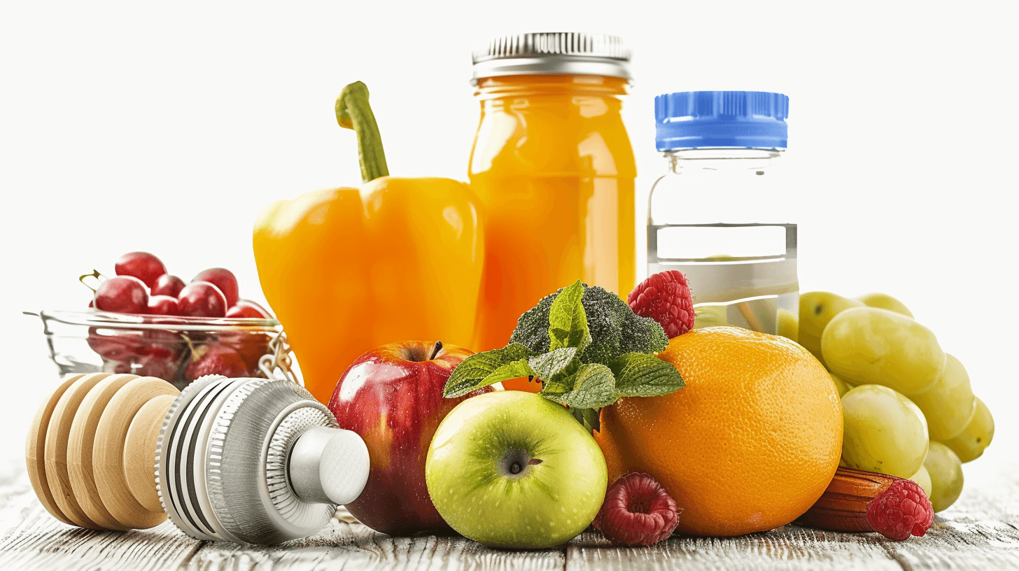 A photo featuring healthy food and sports equipment on a white background, with an orange juice bottle, an apple fruit bowl, green leafy vegetables in a glass jar, red berries or fruits like cherry or raspberry, a blue water droplet container for sports drink with a silver dumbbell beside it, a wooden table surface, and soft light from the side. The composition centers around objects to create space for text or copy in the style of a Valentine’s Day concept. Isolated on a white background.