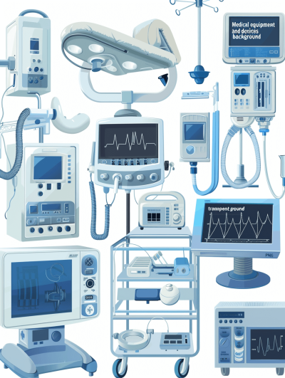 medical equipment and devices set against transparent background, flat design vector illustration of various types of life support machines and monitors used in hospital or ambulances, cartoon style vector illustrations with blue color scheme, vector elements, clip art, white background." " Med RF", vector graphic, vector graphics on isolated background, flat design, simple shapes, 2d graphics, vector graphics