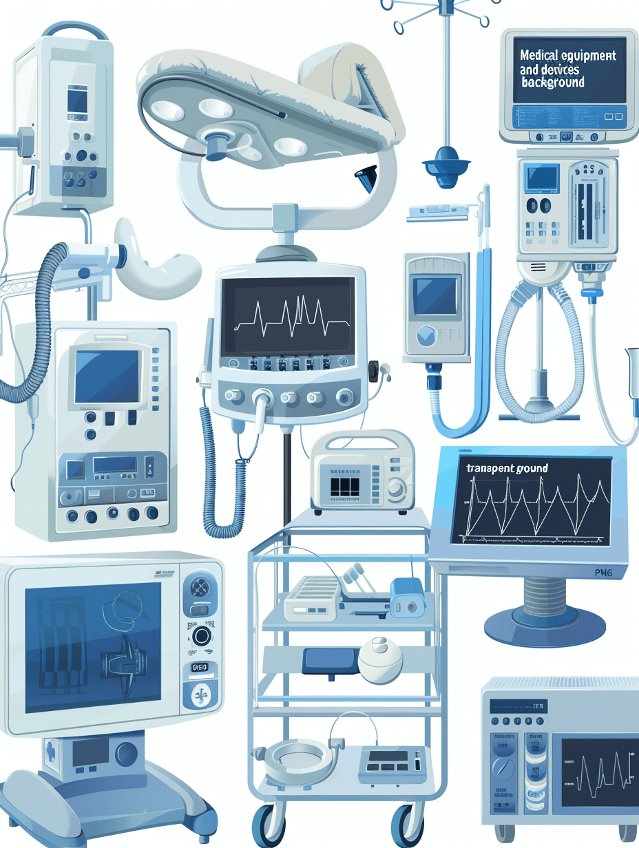 medical equipment and devices set against transparent background, flat design vector illustration of various types of life support machines and monitors used in hospital or ambulances, cartoon style vector illustrations with blue color scheme, vector elements, clip art, white background.” ” Med RF”, vector graphic, vector graphics on isolated background, flat design, simple shapes, 2d graphics, vector graphics