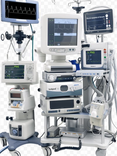 An intelligent medical device system consisting of various monitors, life support machines and other equipment used in the hospital. Shot with a Nikon D850 using a 24-70mm f/3 lens, this transparent background PNG image is ultra sharp with high resolution. No text or logos appear on the image. For commercial use.