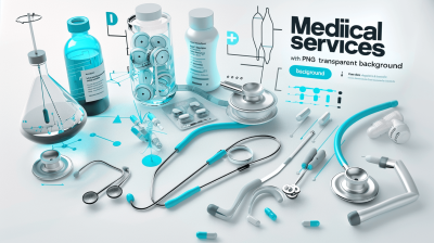 3d render of " medical services with transparent background", a graphic design poster featuring various medical equipment including stethoscope, vials and syringe , light blue color theme, white space around all elements,