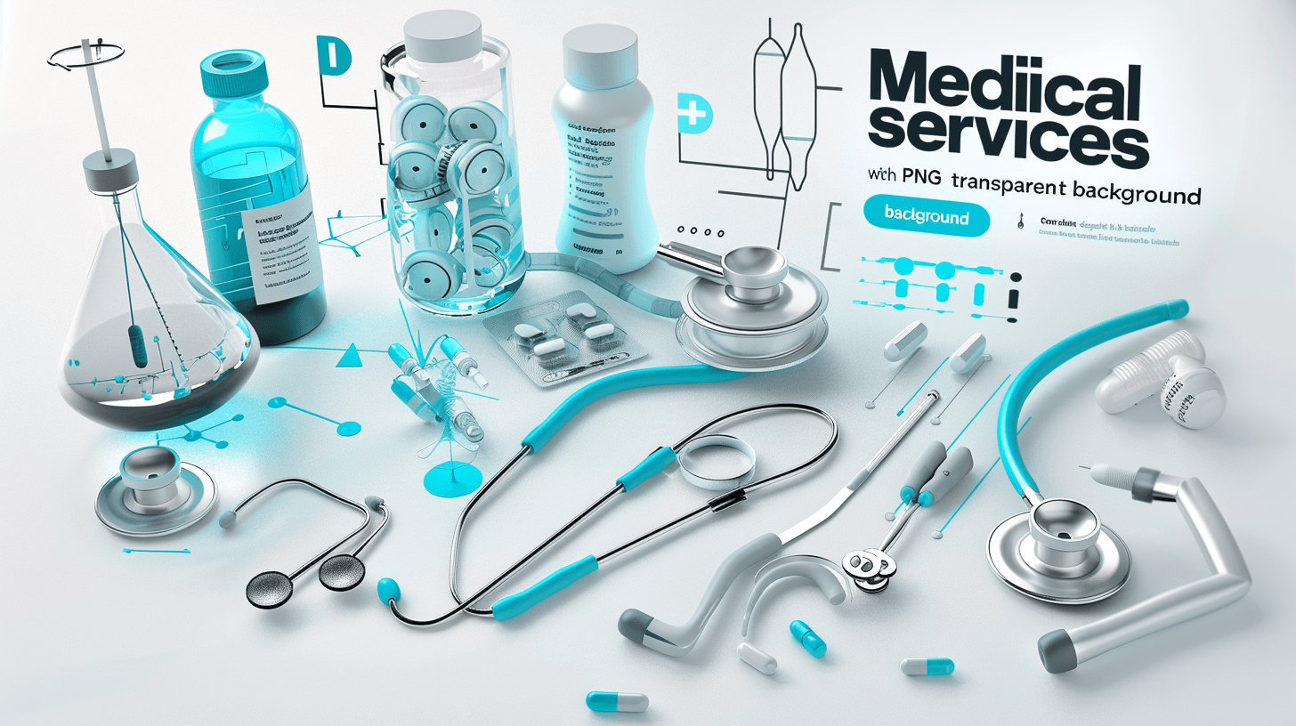 3d render of ” medical services with transparent background”, a graphic design poster featuring various medical equipment including stethoscope, vials and syringe , light blue color theme, white space around all elements,