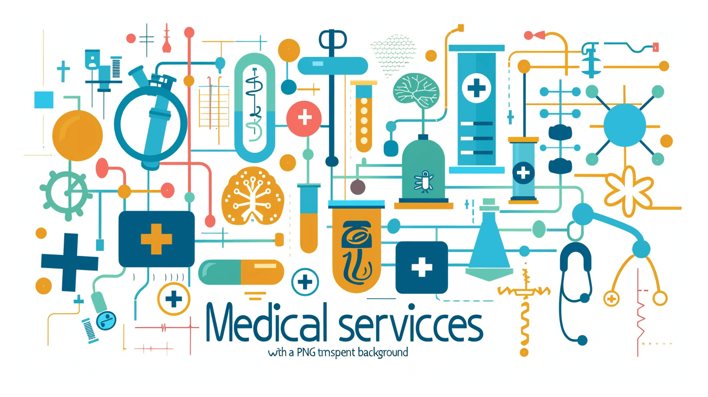 medical services in the style of P�_ISO s Cheshandler background ” vector illustration, using simple shapes and lines , colorful , white background , in the adobe illustrator flat art style, high resolution