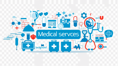 medical services " written in blue color with white background and other health care icons around it, vector illustration style. transparent png background.