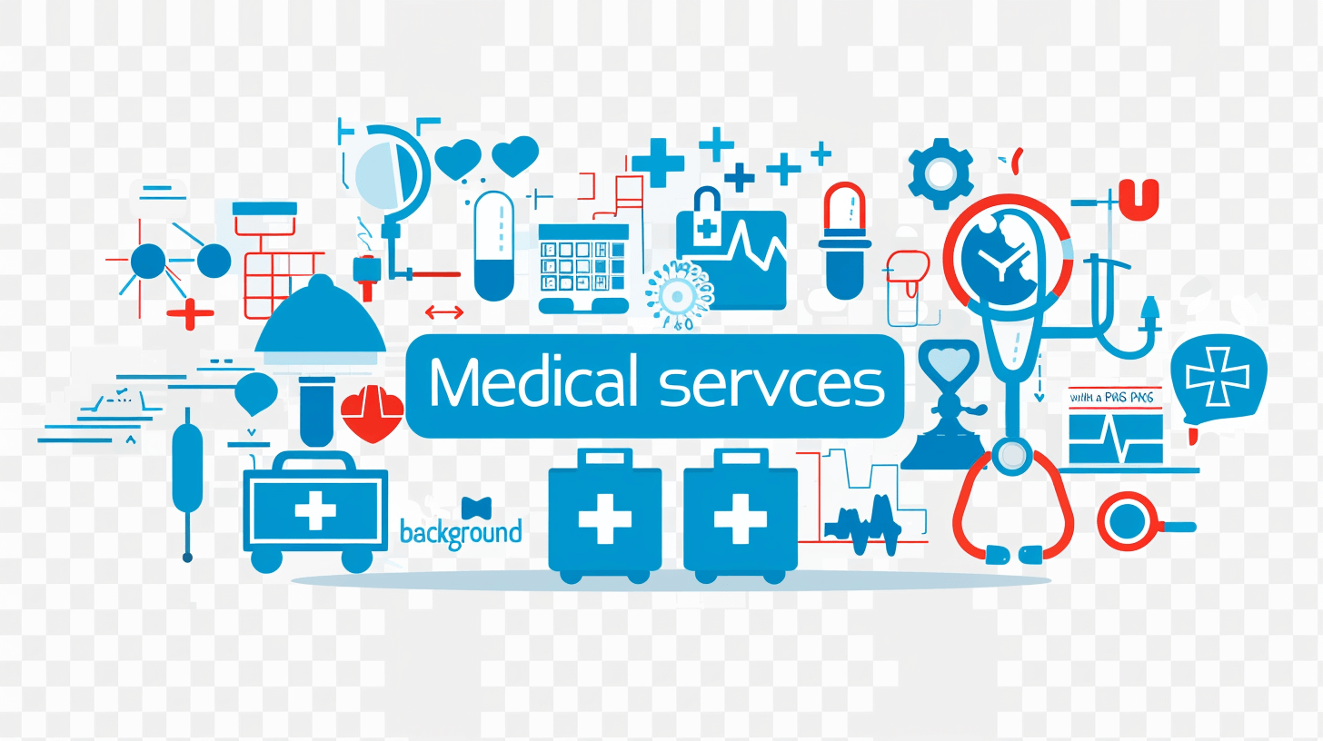 medical services ” written in blue color with white background and other health care icons around it, vector illustration style. transparent png background.