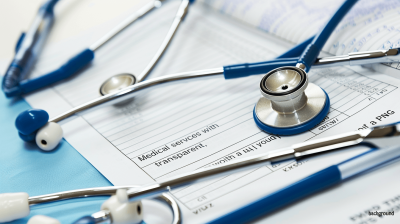 medical services form with stethoscope on background. Shot in the style of Nikon D850 with an 2470mm f/3, focus stacking