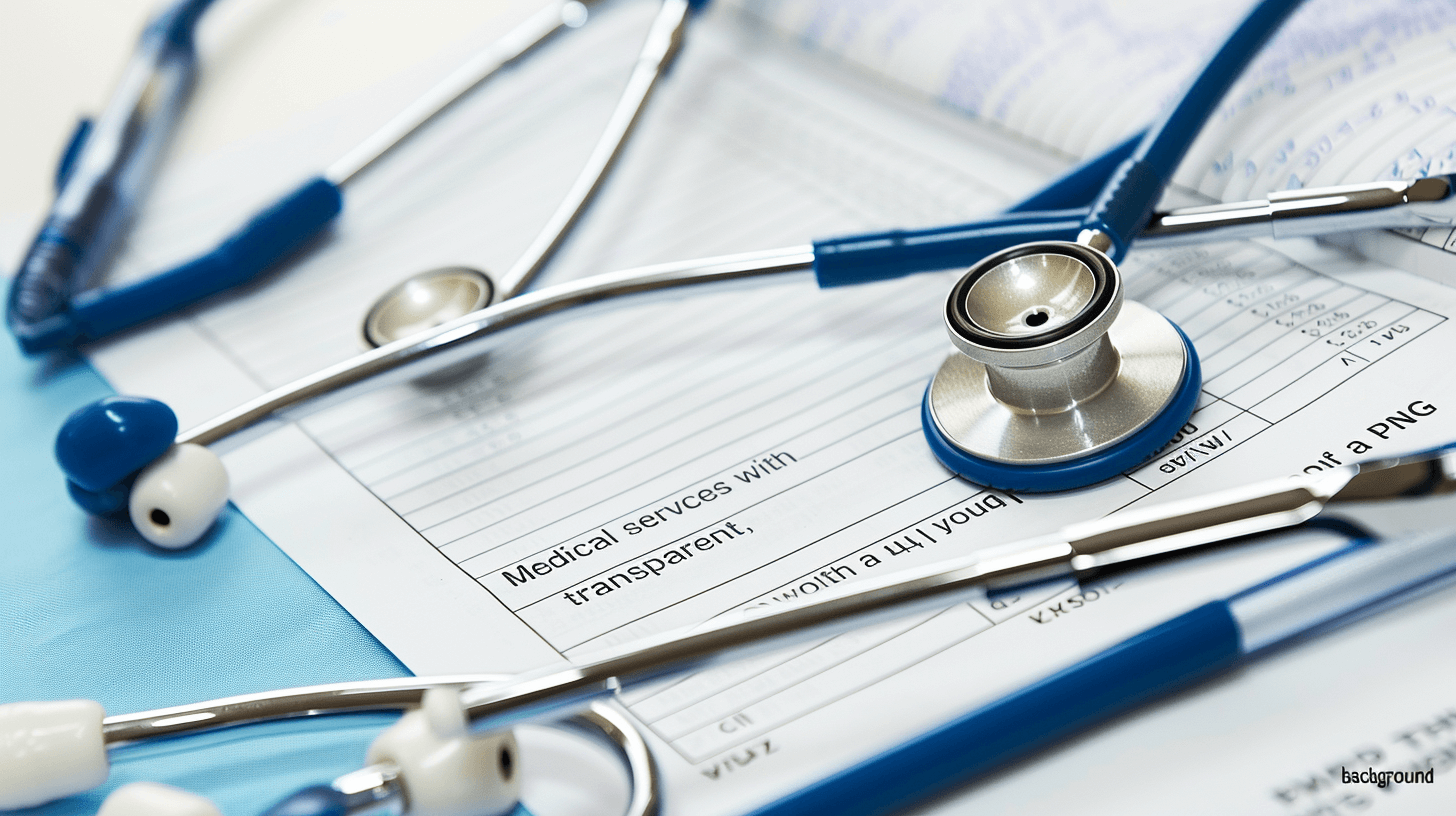 medical services form with stethoscope on background. Shot in the style of Nikon D850 with an 2470mm f/3, focus stacking