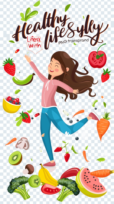 letter with text "peak health lifestyle", cartoon girl dancing, surrounded in the style of fruits and vegetables, transparent background png graphic vector illustration digital art sticker design stock photography