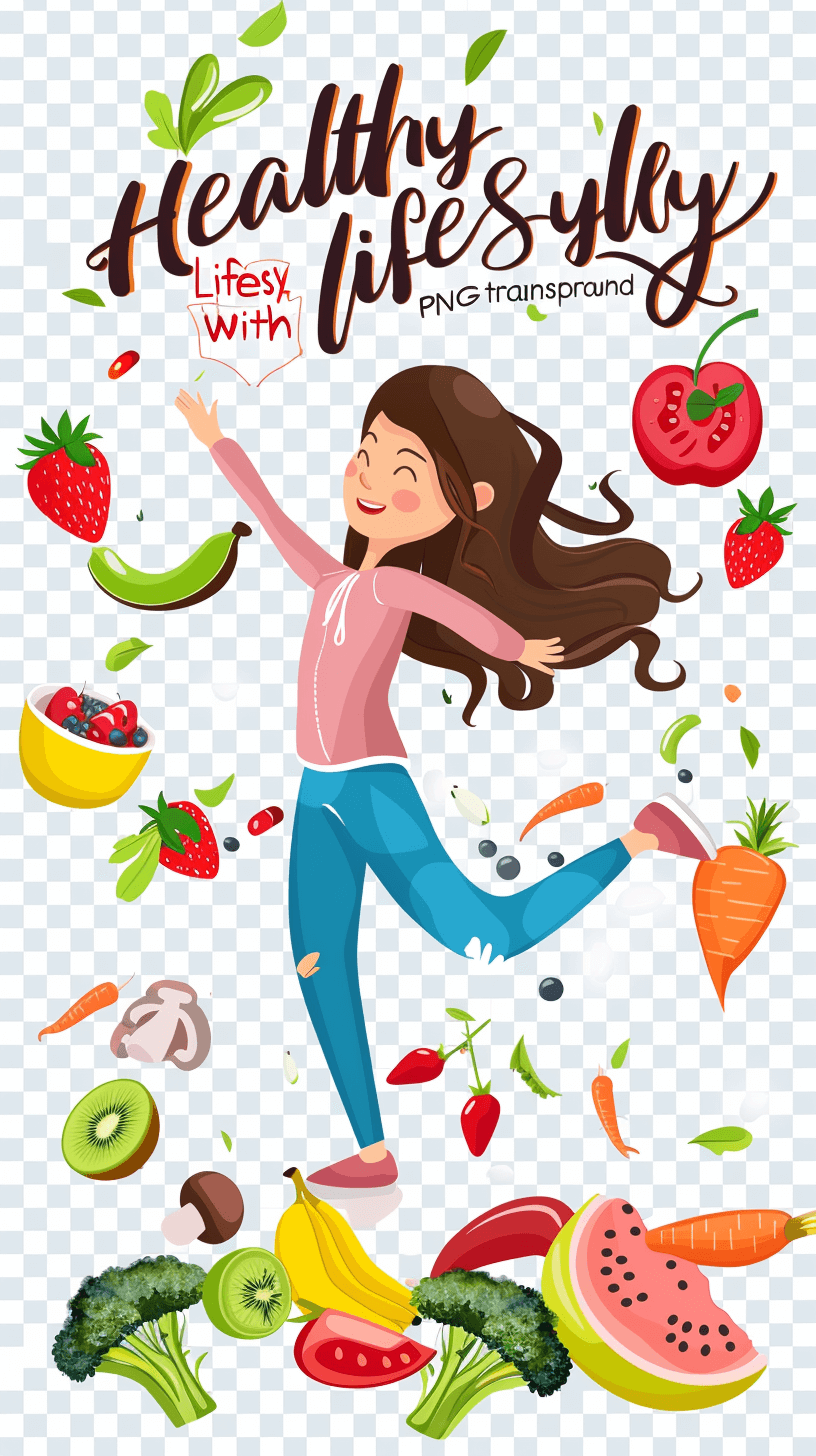 letter with text “peak health lifestyle”, cartoon girl dancing, surrounded in the style of fruits and vegetables, transparent background png graphic vector illustration digital art sticker design stock photography