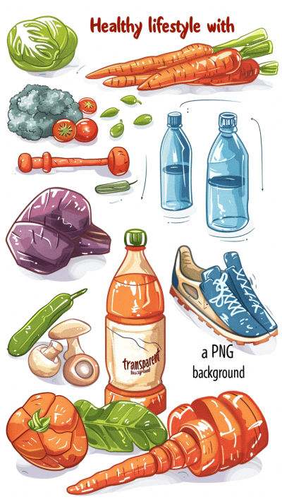 Hand drawn vector illustration of healthy lifestyle elements such as vegetables, a water bottle and running shoes with a transparent background for png format. The composition includes vibrant colors like orange carrots, green leafy greens, blue sportswear, yellow sneakers, red tomatoes, dark brown dumbbells, purple beans, white hamsters, and a grey mountain bike in the style of a cartoon or comic book, suitable for a tshirt design. The mood is energetic and fun.