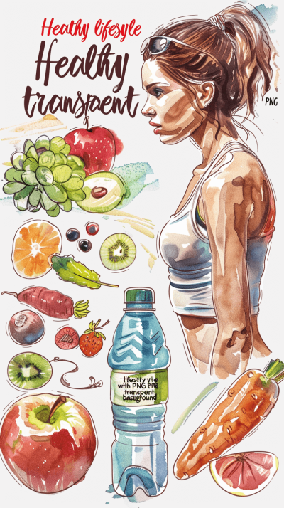 A watercolor clipart promoting a healthy lifestyle featuring a beautiful woman, fruit and vegetables, a yoga pose and a sports drink bottle on a transparent background in the style of pastel illustrations. The sticker has a white border around it. Png format without drop shadow or realism. An isolated vector illustration with gradients suitable for printing on a T-shirt design.