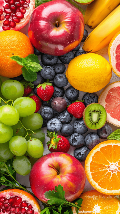 syn ethnicity healthy lifestyle with fruits", fruits, apples, oranges, grapes, lemons, blueberries, pomegranate, fresh, vibrant colors, closeup shot, high resolution, detailed texture, colorful background, professional photography,