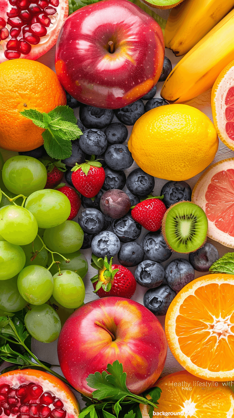 syn ethnicity healthy lifestyle with fruits”, fruits, apples, oranges, grapes, lemons, blueberries, pomegranate, fresh, vibrant colors, closeup shot, high resolution, detailed texture, colorful background, professional photography,