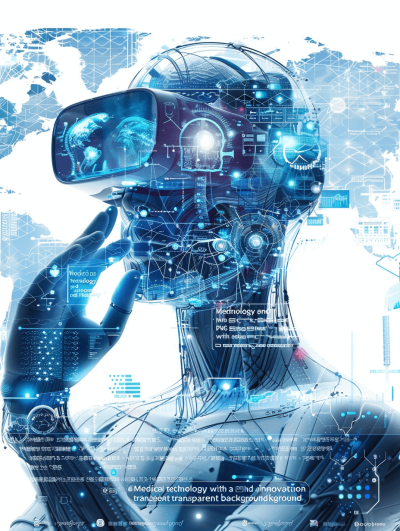 Med"M " European style poster, A robot is wearing VR glasses and holding his head with one hand to study the brain's structure, featuring blue tones of technology elements, holographic images floating in space, futuristic digital backgrounds with white transparent background, front view, Full body shot, in the style of cyberpunk, 8k smoothness, high details, best quality, super detailed. 0c rendering, vray tracing, octane render, blender 3d