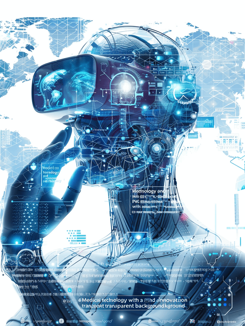 Med”M ” European style poster, A robot is wearing VR glasses and holding his head with one hand to study the brain’s structure, featuring blue tones of technology elements, holographic images floating in space, futuristic digital backgrounds with white transparent background, front view, Full body shot, in the style of cyberpunk, 8k smoothness, high details, best quality, super detailed. 0c rendering, vray tracing, octane render, blender 3d