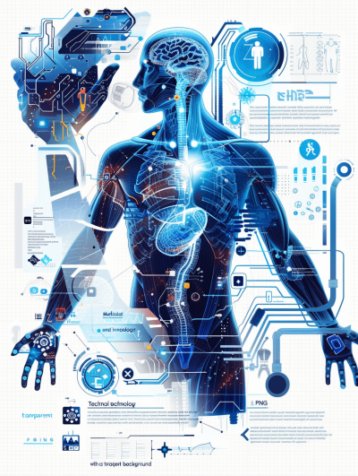 Stylized medical poster featuring the human body with digital elements and technological symbols, highlighting internal anatomy in blue tones on a transparent background. Futuristic infographic showcasing technology integration into health care using digital data visualization for information about images showing techniques used for medicine, in the style of a modern vector design, with a white color palette and no text or icons.