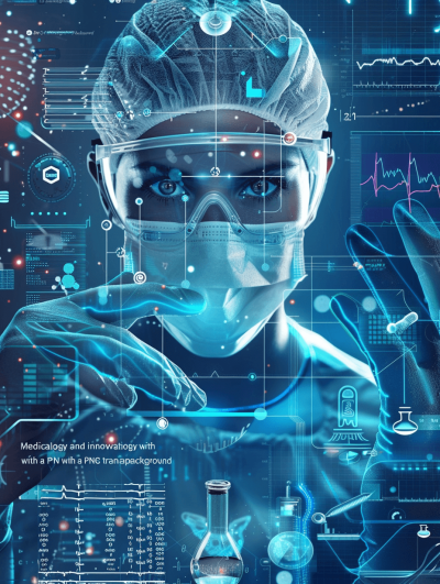 Medical innovation and technology with an evil nurse in the background, wearing PPE , surrounded by medical equipment such as test tubes and digital graphs on a transparent blue techinspired poster.