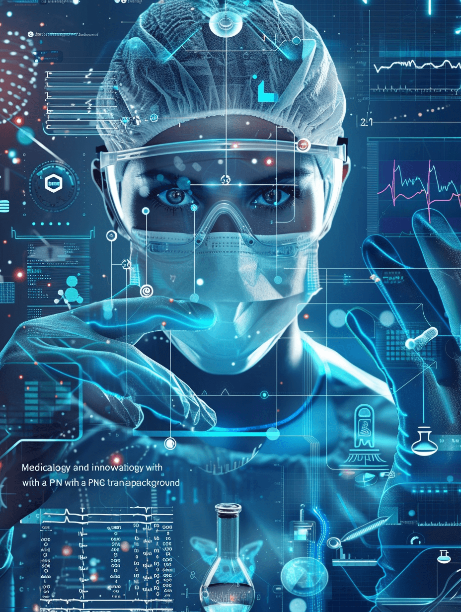 Medical innovation and technology with an evil nurse in the background, wearing PPE , surrounded by medical equipment such as test tubes and digital graphs on a transparent blue techinspired poster.