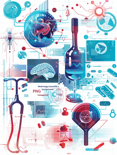 Med devantoretecs, medical innovation with a transparent background, is a digital collage of health tech elements such as a stethoscope and brain model. It has a colorful design style with a clear blue and red color palette. The vector graphic was created in the style of adobe illustrator.