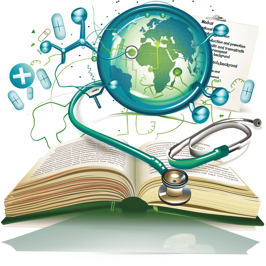 Medicines, global medical promotion and education”, vector illustration of stethoscope around the globe with open book full color on white background, high resolution, no text or symbols, clear edges for cutout, vector file, professional design